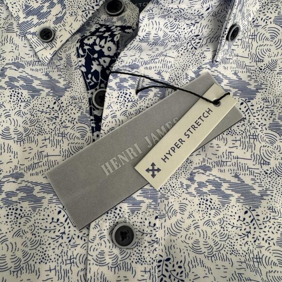 Henri James Shirt Mens XL Short White Blue Abstract Print Hyper Stretch Casual - Picture 5 of 11